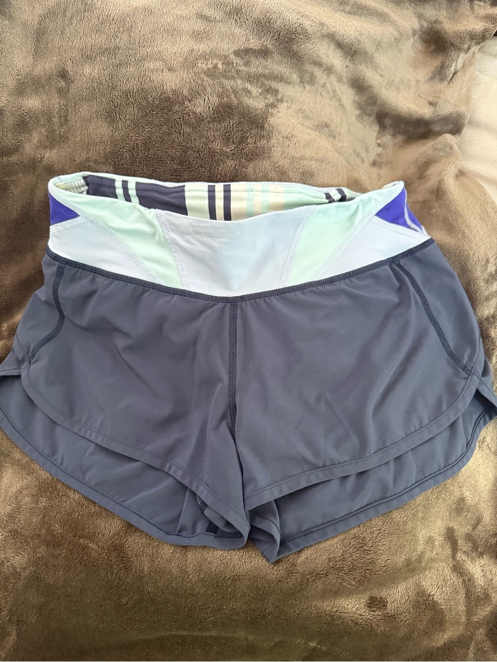 lululemon athletica Gray Athletic Shorts with Mint Waistband and Purple Trim
